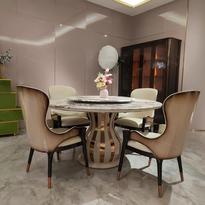 Purple-Veined White Marble Round Dining Table with Sculptural Rose Gold Base
